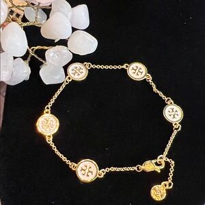 Tory Burch Gold Chain Bracelet with White Logo Medallions